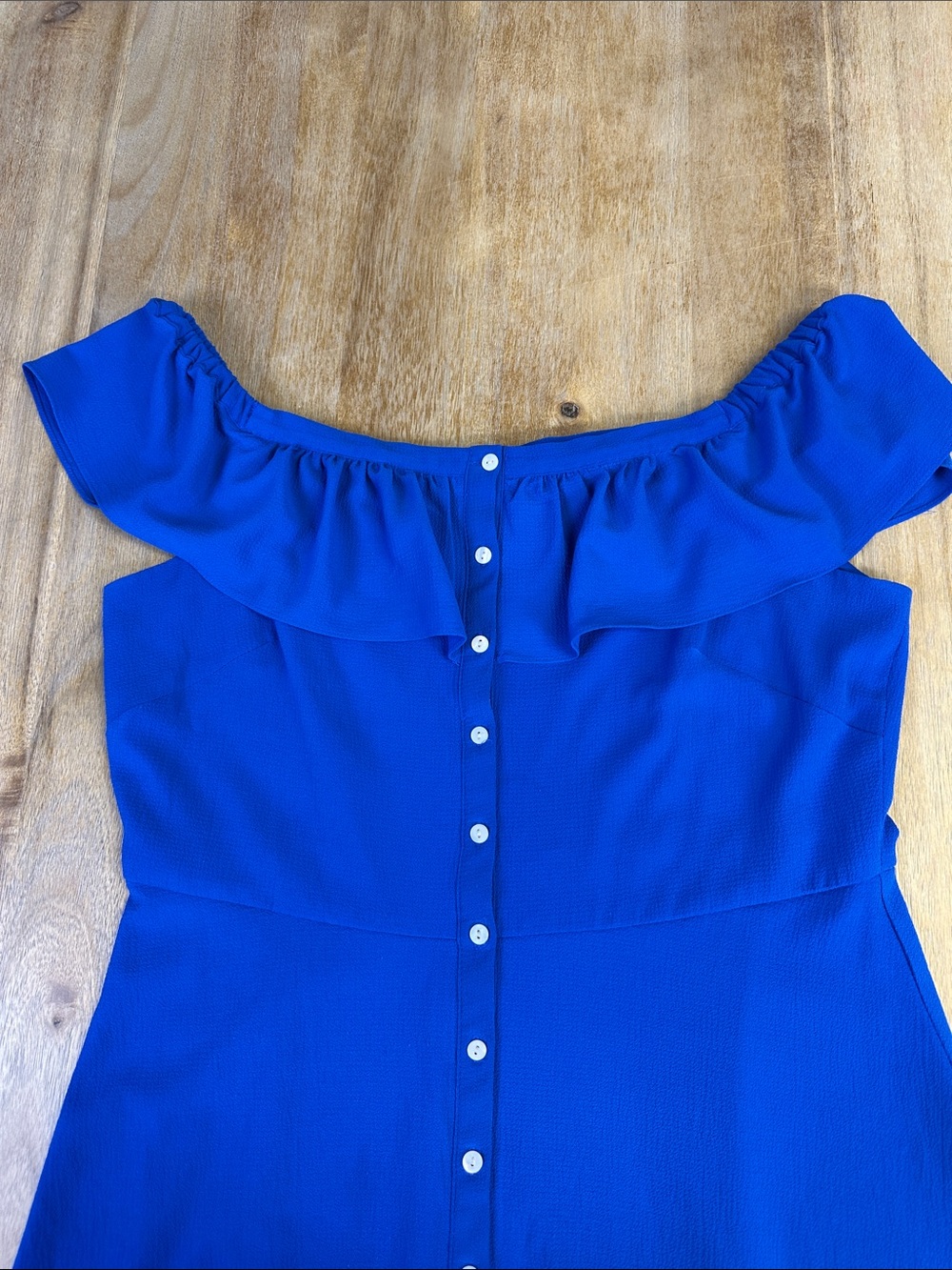 Off-Shoulder Ruffle Button-Front Dress in Royal Blue - Picture 10 of 12